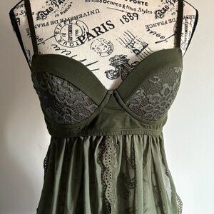 ClauCloud OliveLace & Mesh Babydoll Top - Feminine & Flowy L